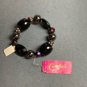 NWT Candies Stretch Bracelet 7 In Faceted BeadBlack Gunmetal Silver Rhinestone